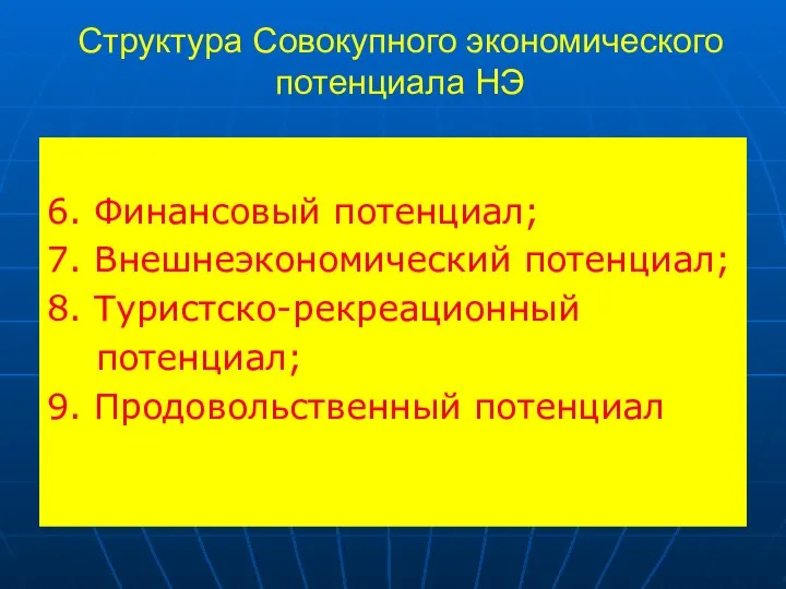 Структура Совокупного экономического потенциала НЭ 6. Финансовый потенциал; 7. Внешнеэкономический потенциал;