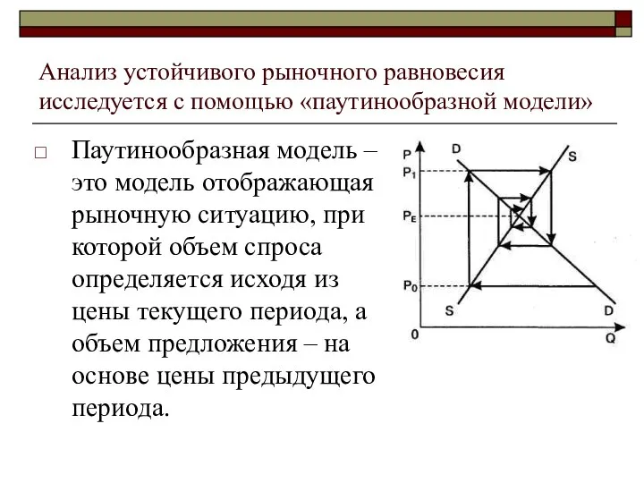 Анализ устойчивого рыночного равновесия исследуется с помощью «паутинообразной модели» Паутинообразная модель