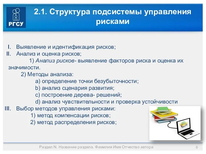 2.1. Структура подсистемы управления рисками Выявление и идентификация рисков; Анализ и