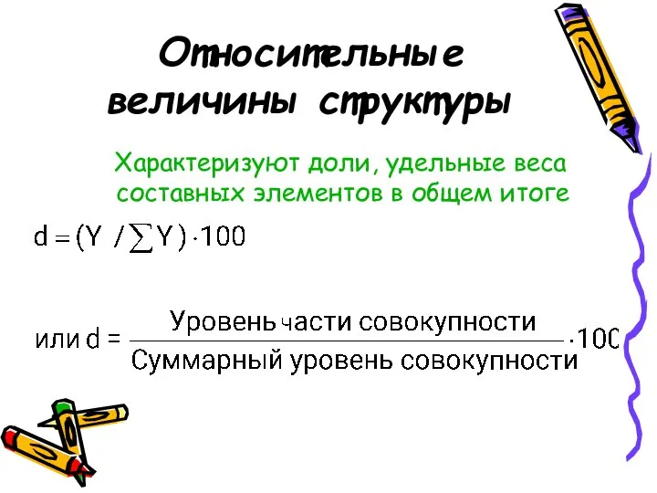 Относительные величины структуры Характеризуют доли, удельные веса составных элементов в общем итоге