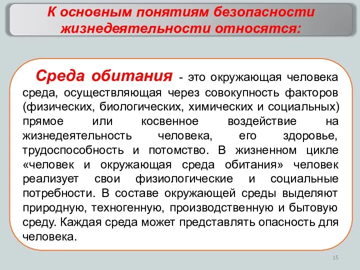 К основным понятиям безопасности жизнедеятельности относятся: Среда обитания - это окружающая