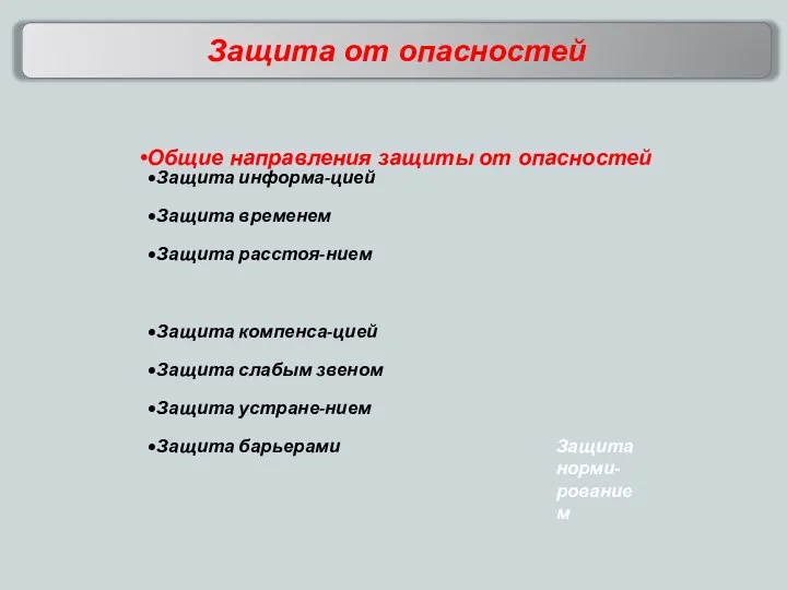 Общие направления защиты от опасностей Защита информа-цией Защита временем Защита расстоя-нием