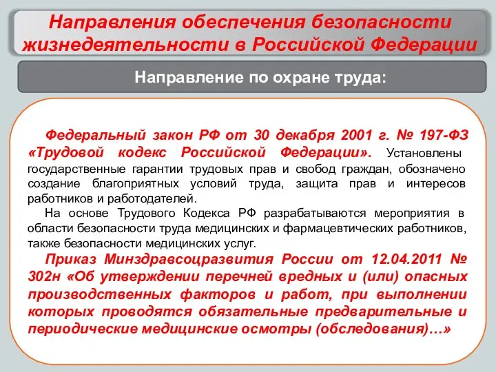 Направления обеспечения безопасности жизнедеятельности в Российской Федерации Федеральный закон РФ от