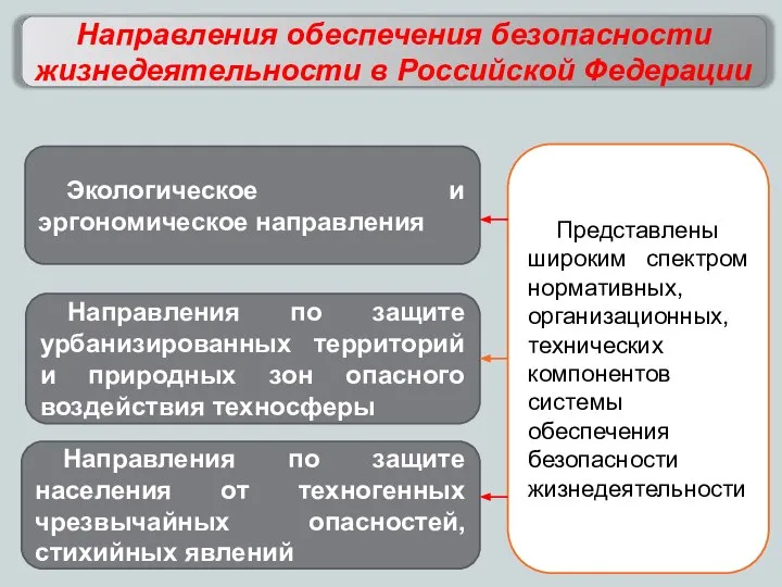 Направления обеспечения безопасности жизнедеятельности в Российской Федерации Представлены широким спектром нормативных,