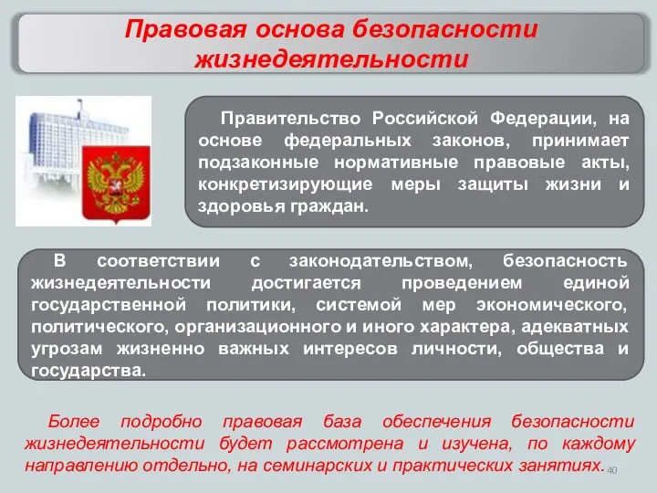 Правовая основа безопасности жизнедеятельности Правительство Российской Федерации, на основе федеральных законов,