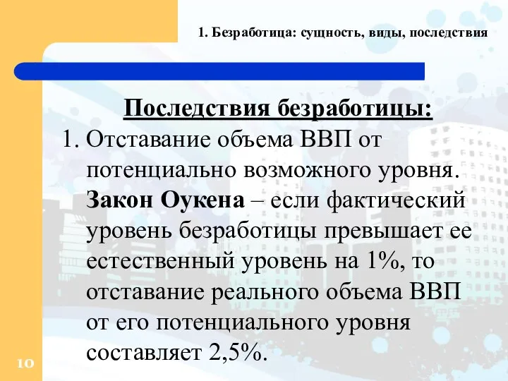 1. Безработица: сущность, виды, последствия Последствия безработицы: Отставание объема ВВП от