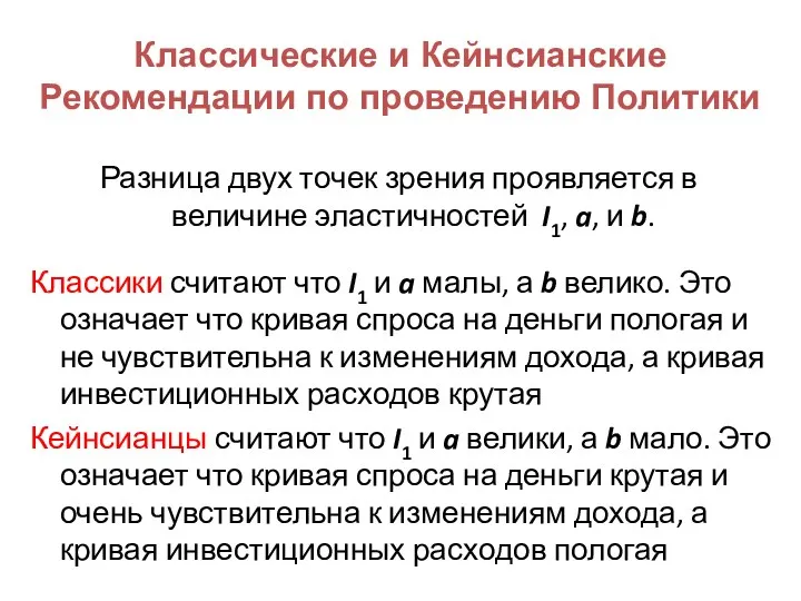 Классические и Кейнсианские Рекомендации по проведению Политики Разница двух точек зрения