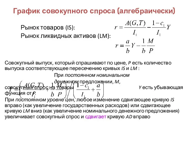 График совокупного спроса (алгебраически) Рынок товаров (IS): Рынок ликвидных активов (LM):