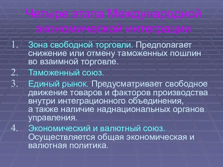 Четыре этапа Международной экономической интеграции Зона свободной торговли. Предполагает снижение или