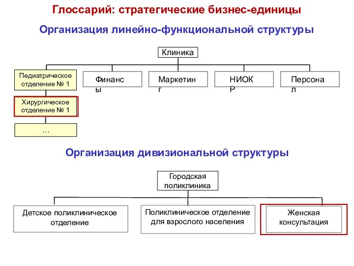 Глоссарий: стратегические бизнес-единицы Организация дивизиональной структуры Организация линейно-функциональной структуры