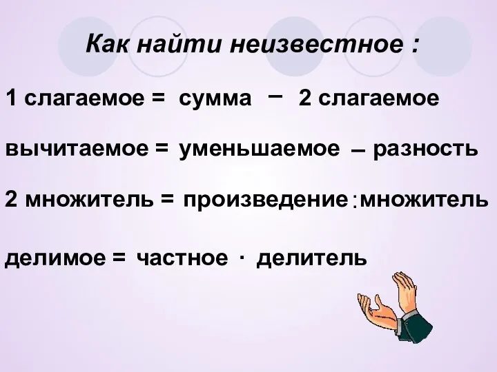 Как найти неизвестное : 1 слагаемое = – вычитаемое = уменьшаемое