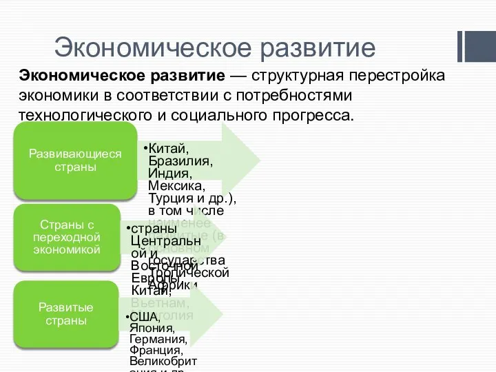 Экономическое развитие Экономическое развитие — структурная перестройка экономики в соответствии с