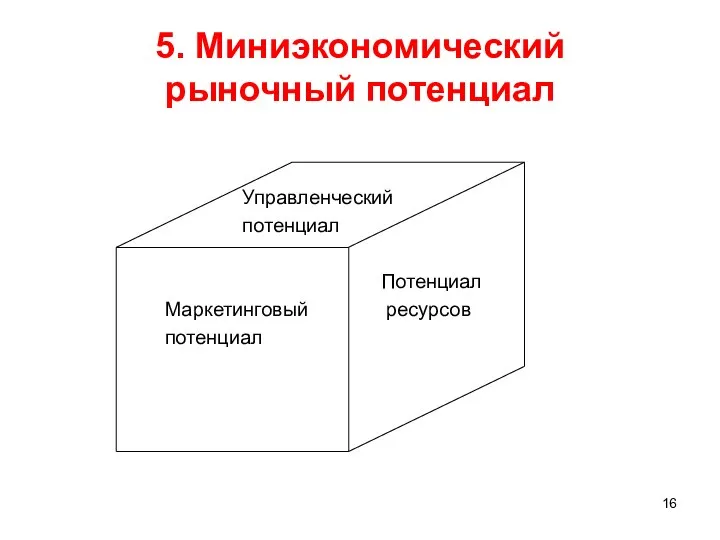 5. Миниэкономический рыночный потенциал Управленческий потенциал Потенциал Маркетинговый ресурсов потенциал