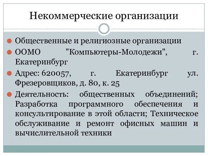 Некоммерческие организации Общественные и религиозные организации ООМО "Компьютеры-Молодежи", г. Екатеринбург Адрес: