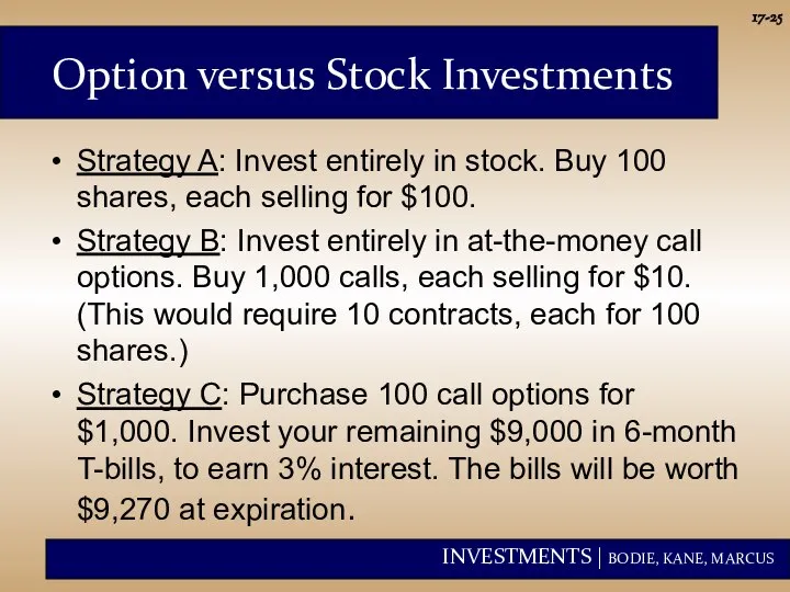 17- Option versus Stock Investments Strategy A: Invest entirely in stock.