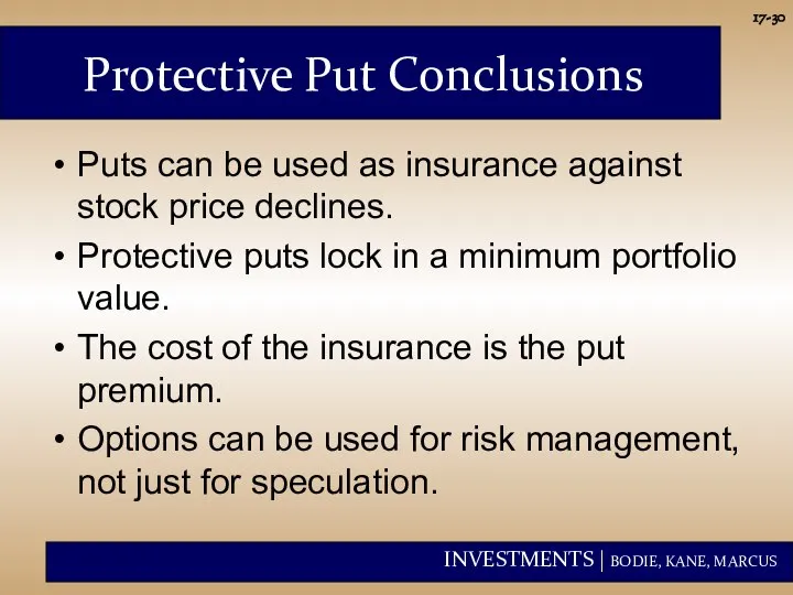 17- Protective Put Conclusions Puts can be used as insurance against