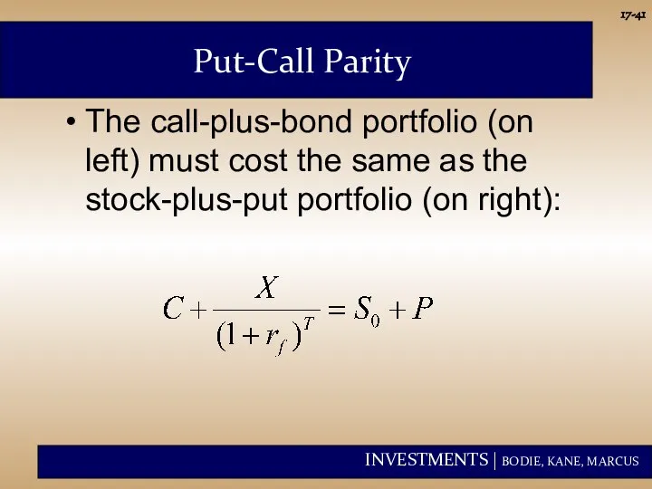 17- The call-plus-bond portfolio (on left) must cost the same as