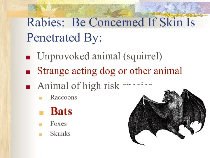 Rabies: Be Concerned If Skin Is Penetrated By: Unprovoked animal (squirrel)
