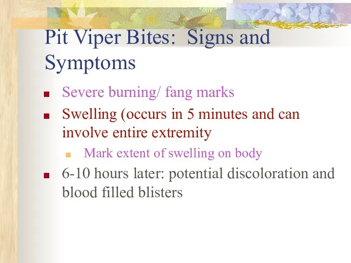 Pit Viper Bites: Signs and Symptoms Severe burning/ fang marks Swelling