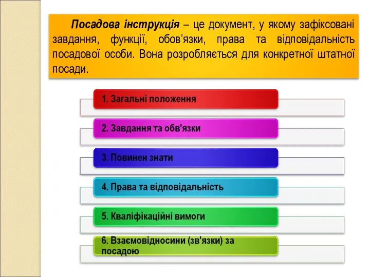 Посадова інструкція – це документ, у якому зафіксовані завдання, функції, обов’язки,