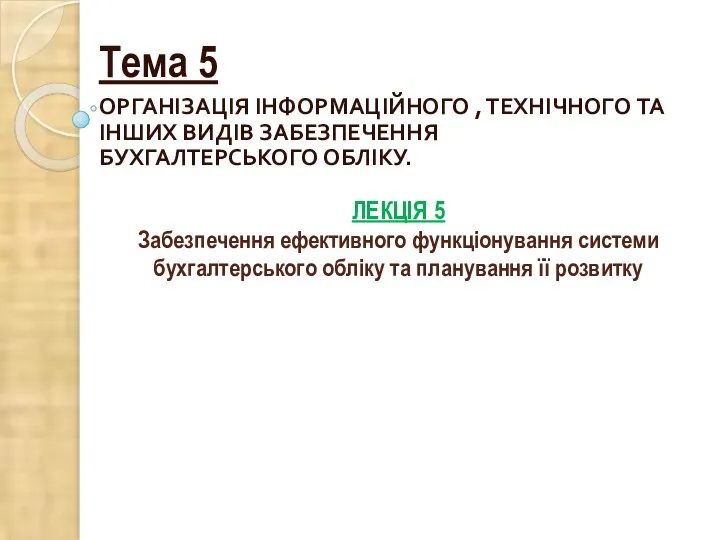 ЛЕКЦІЯ 5 Забезпечення ефективного функціонування системи бухгалтерського обліку та планування її