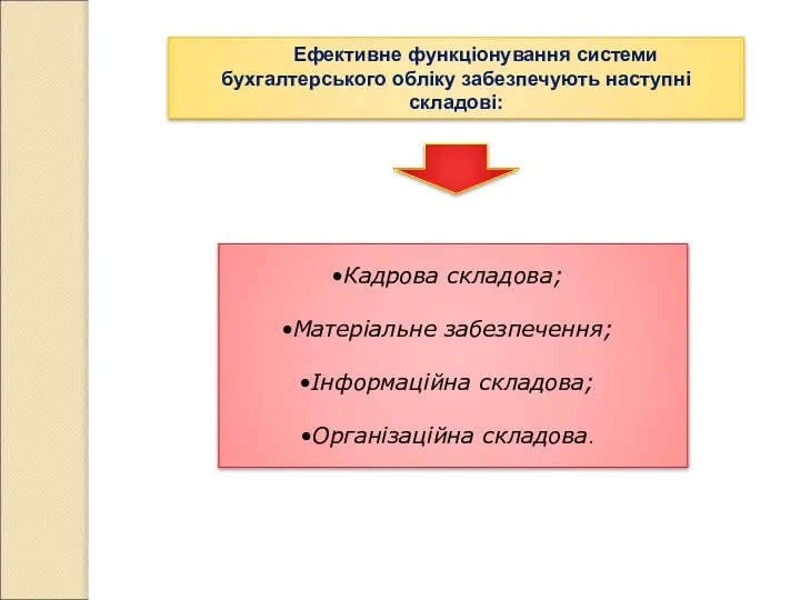 Ефективне функціонування системи бухгалтерського обліку забезпечують наступні складові: Кадрова складова; Матеріальне забезпечення; Інформаційна складова; Організаційна складова.