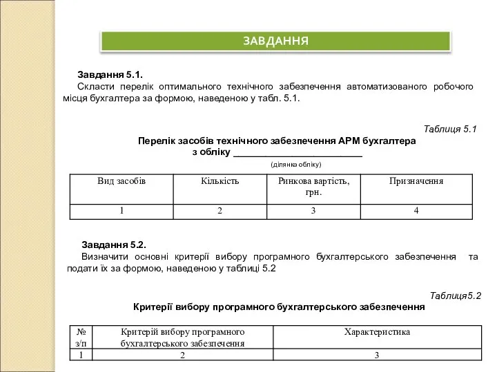 ЗАВДАННЯ Завдання 5.1. Скласти перелік оптимального технічного забезпечення автоматизованого робочого місця