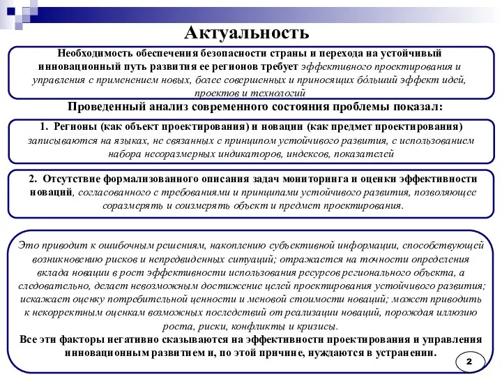 Актуальность Необходимость обеспечения безопасности страны и перехода на устойчивый инновационный путь