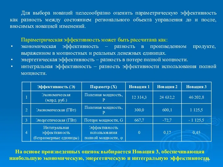 Для выбора новаций целесообразно оценить параметрическую эффективность как разность между состоянием