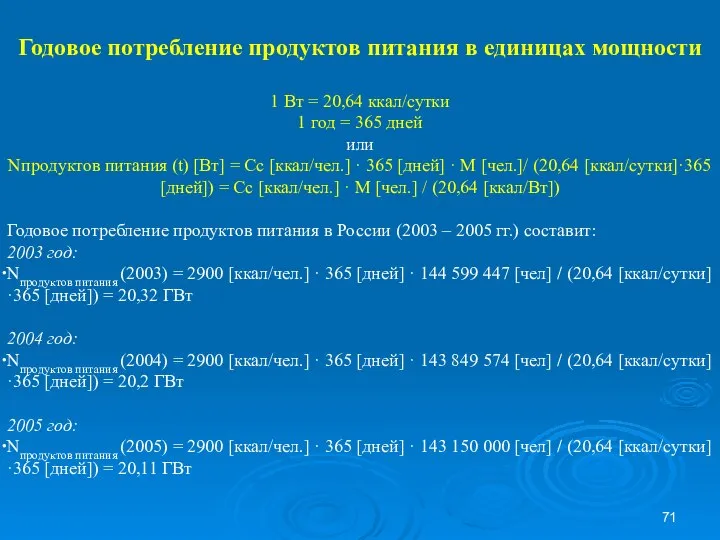 Годовое потребление продуктов питания в единицах мощности 1 Вт = 20,64