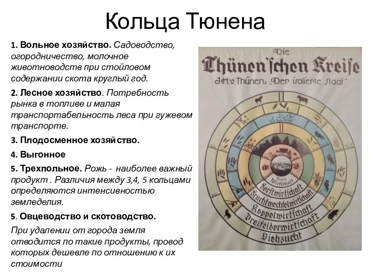 Кольца Тюнена 1. Вольное хозяйство. Садоводство, огородничество, молочное животноводств при стойловом