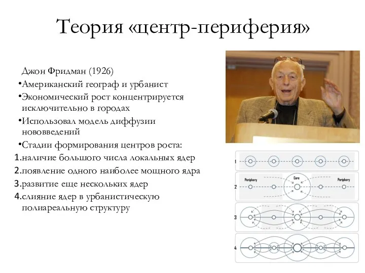 Теория «центр-периферия» Джон Фридман (1926) Американский географ и урбанист Экономический рост