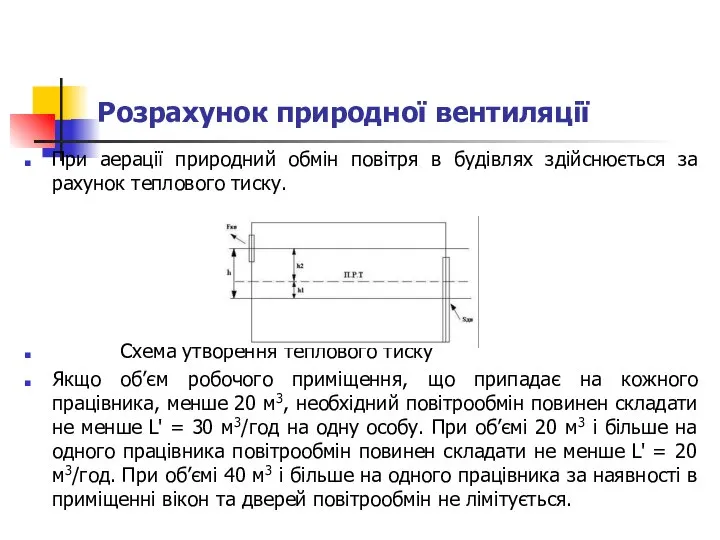 Розрахунок природної вентиляції При аерації природний обмін повітря в будівлях здійснюється