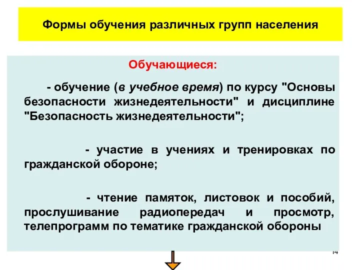 Обучающиеся: - обучение (в учебное время) по курсу "Основы безопасности жизнедеятельности"