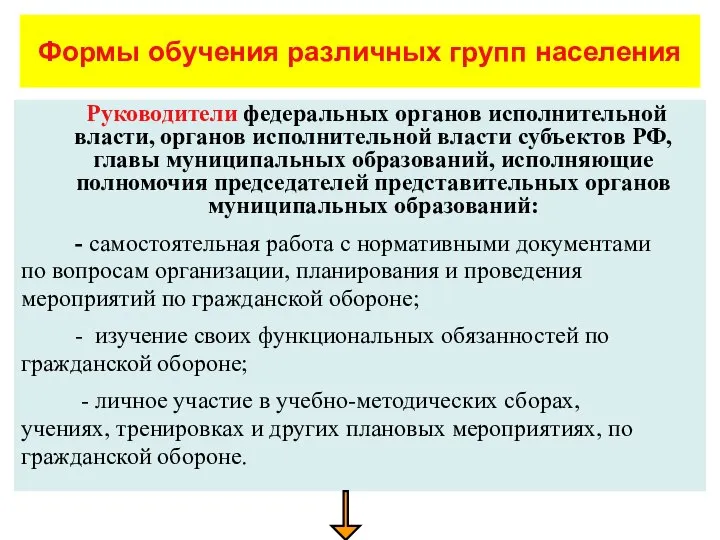 Формы обучения различных групп населения Руководители федеральных органов исполнительной власти, органов