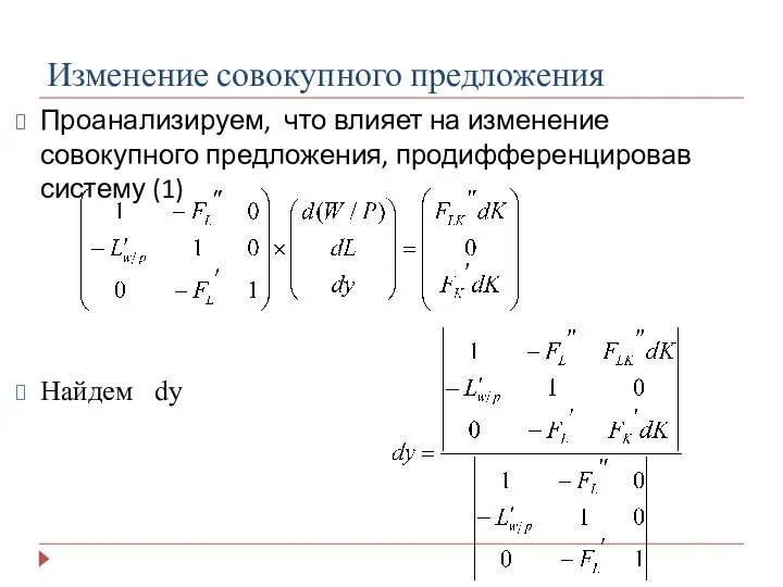 Изменение совокупного предложения Проанализируем, что влияет на изменение совокупного предложения, продифференцировав систему (1) Найдем dy