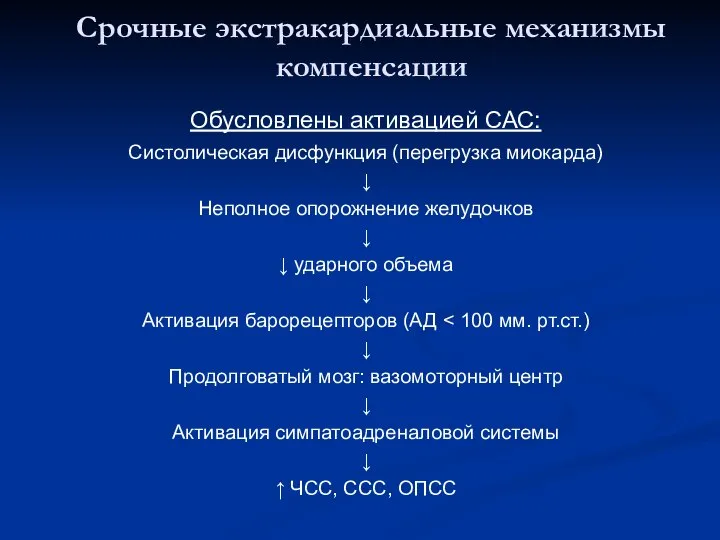 Срочные экстракардиальные механизмы компенсации Обусловлены активацией САС: Систолическая дисфункция (перегрузка миокарда)