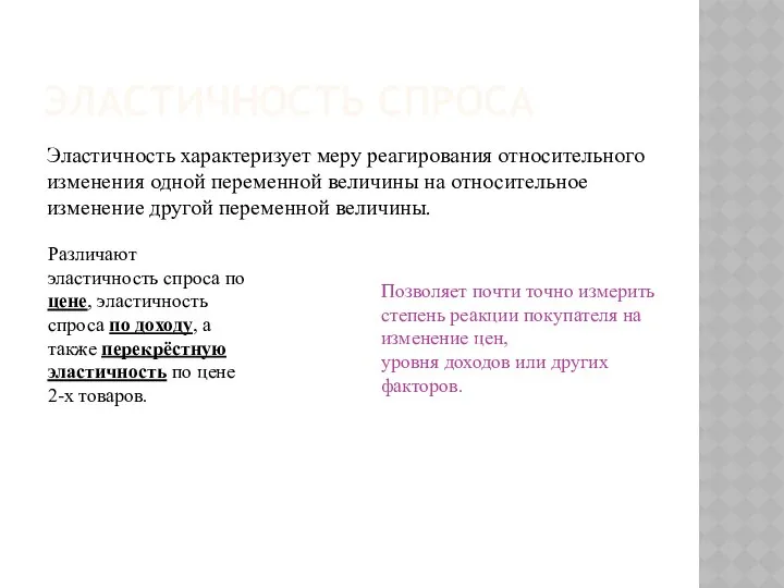 ЭЛАСТИЧНОСТЬ СПРОСА Эластичность характеризует меру реагирования относительного изменения одной переменной величины