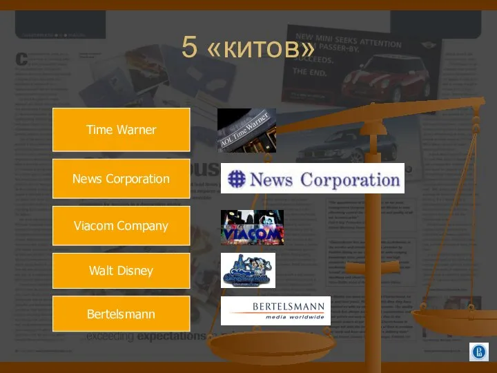 5 «китов» Time Warner News Corporation Viacom Company Walt Disney Bertelsmann