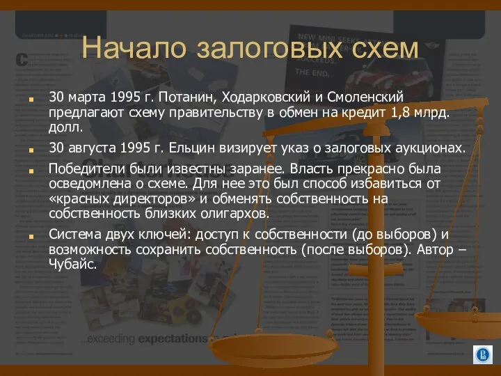 Начало залоговых схем 30 марта 1995 г. Потанин, Ходарковский и Смоленский