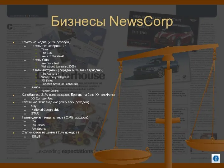 Бизнесы NewsCorp Печатные медиа (26% доходов) Газеты Великобритании Times The Sun