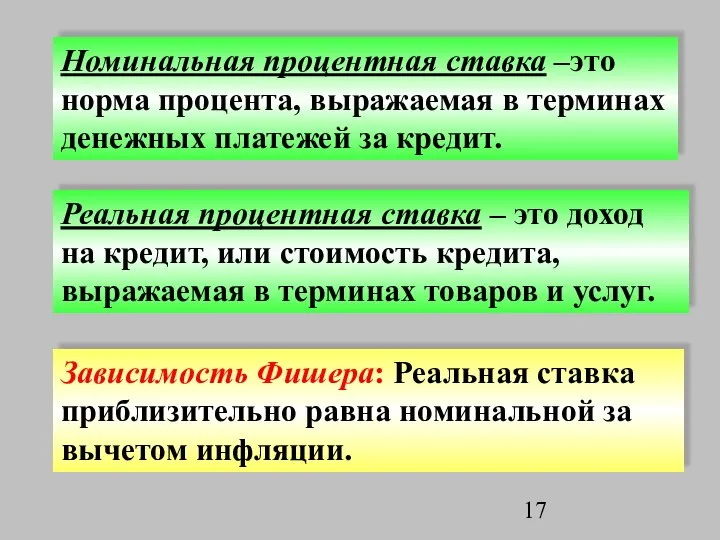 Номинальная процентная ставка –это норма процента, выражаемая в терминах денежных платежей