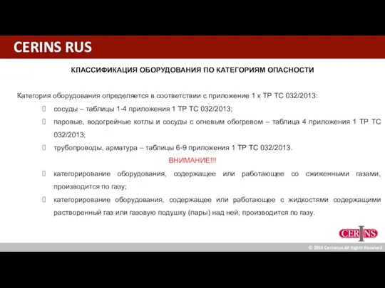 CERINS RUS КЛАССИФИКАЦИЯ ОБОРУДОВАНИЯ ПО КАТЕГОРИЯМ ОПАСНОСТИ Категория оборудования определяется в