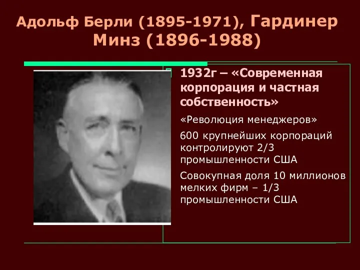 Адольф Берли (1895-1971), Гардинер Минз (1896-1988) 1932г – «Современная корпорация и