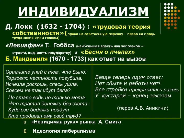 ИНДИВИДУАЛИЗМ Сравните улей с тем, что было: Торговлю честность погубила, Исчезла