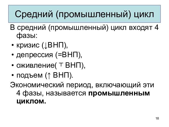 Средний (промышленный) цикл В средний (промышленный) цикл входят 4 фазы: кризис