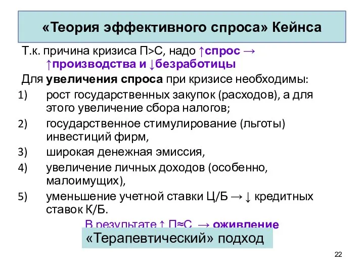 «Теория эффективного спроса» Кейнса Т.к. причина кризиса П>С, надо ↑спрос →