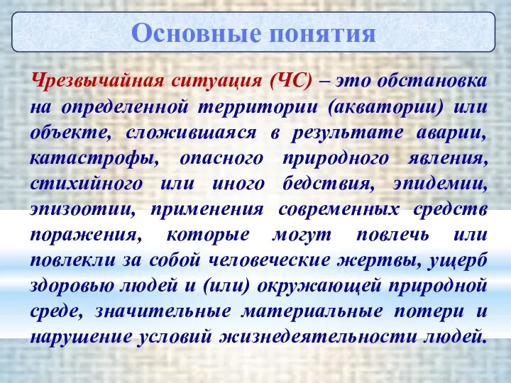 Чрезвычайная ситуация (ЧС) – это обстановка на определенной территории (акватории) или