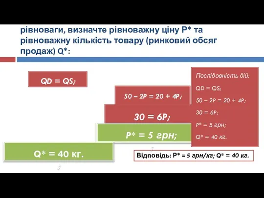 Завдання 1: Використовуючи умову ринкової рівноваги, визначте рівноважну ціну Р* та