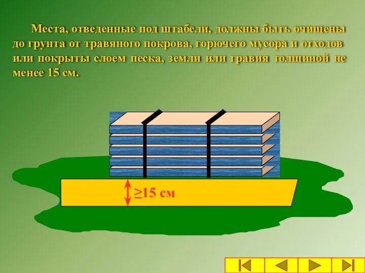 Места, отведенные под штабели, должны быть очищены до грунта от травяного